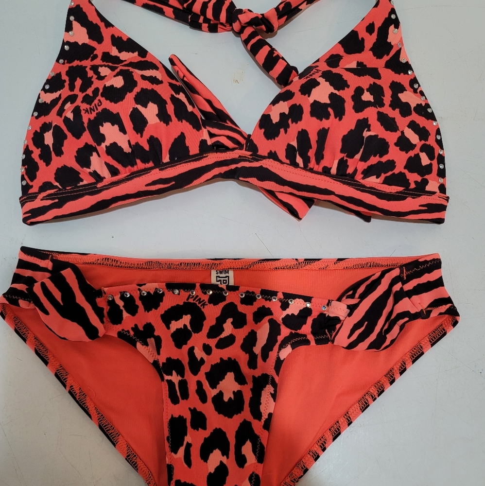 Pink leopard blinged out bathing suit